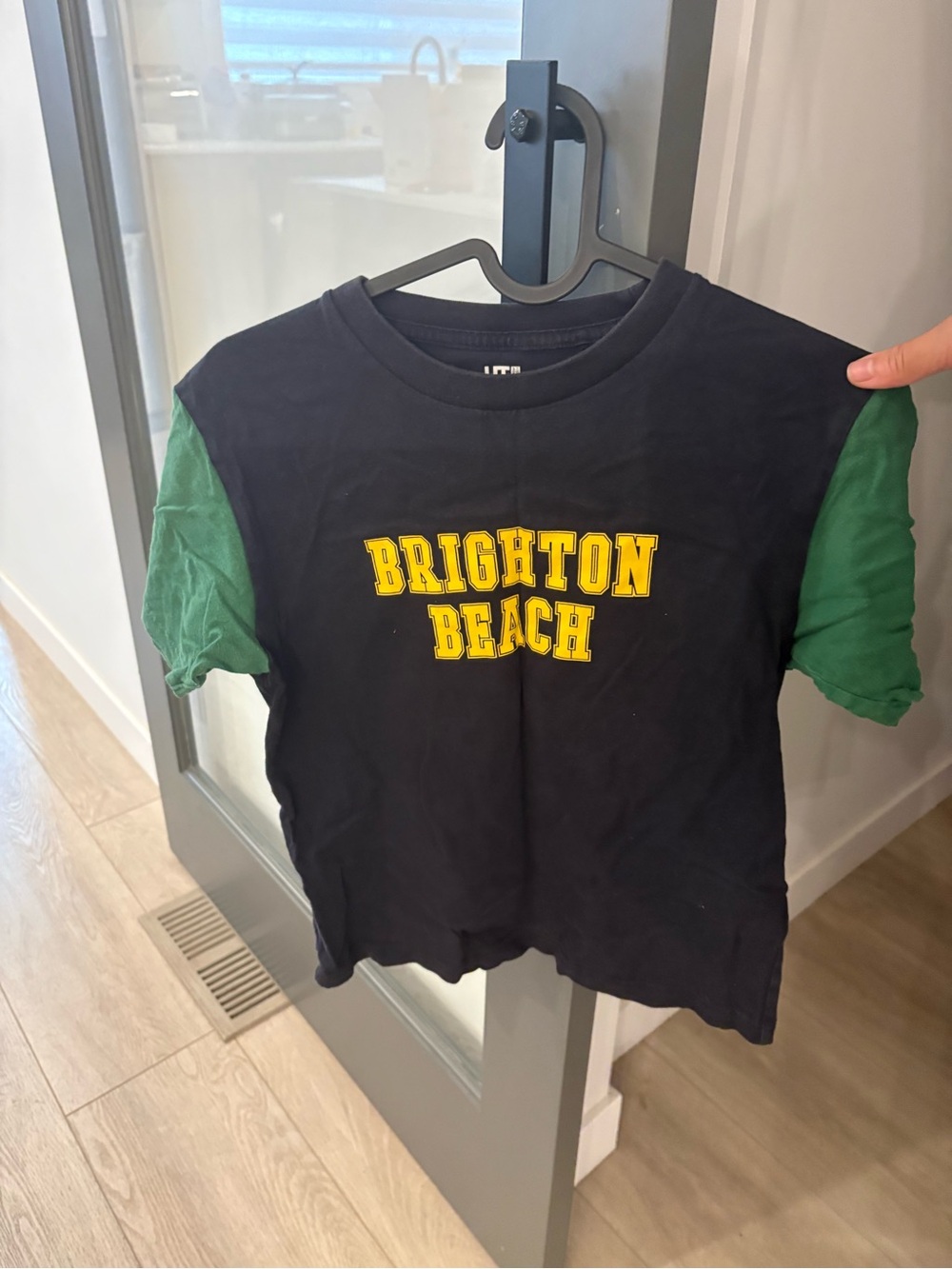 Uniqlo Kids Brighton Beach Tee - Navy Body with Green Sleeves & Yellow Lettering